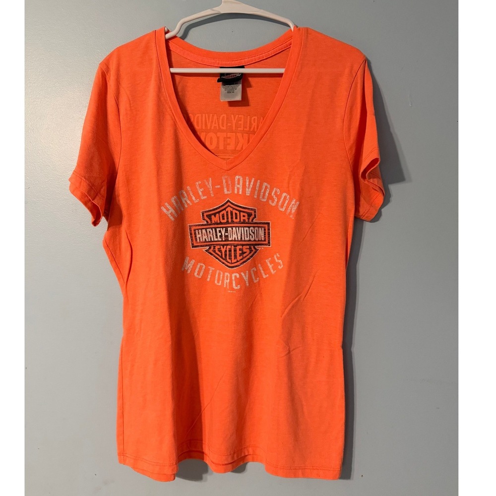 Harley-Davidson Women's XL Orange V-Neck T-Shirt Youngstown Ohio Biketown 0662